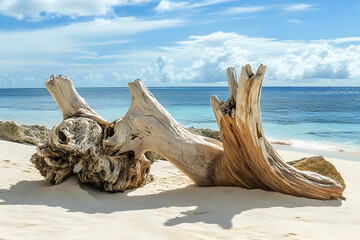 Rugged driftwood rests on soft sand while ocean waves gently lap at its base beneath a sunny sky