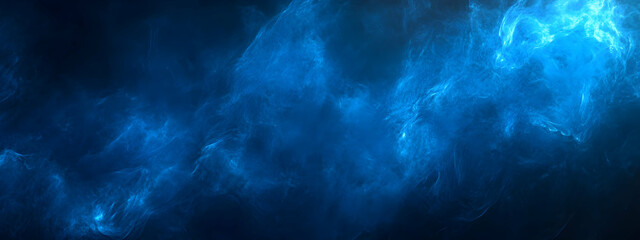 Abstract blue colored smoke texture, isolated on black background banner wide