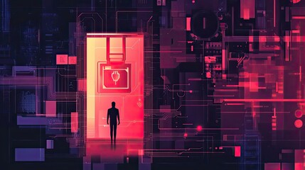 Poster - Silhouette of a Person Standing Before a Futuristic Portal in a Cybernetic World