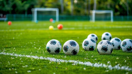Aufkleber - A vibrant soccer field with neatly arranged soccer balls, Brightly painted goalposts and lush green grass, Modern sports style
