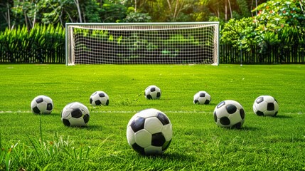 Aufkleber - A vibrant soccer field with neatly arranged soccer balls, Brightly painted goalposts and lush green grass, Modern sports style