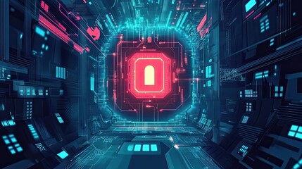 Poster - Abstract digital space with glowing pink and blue lines and a glowing red circuit board with a white silhouette of a keyhole in the center