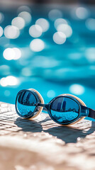 Poster - Swimming goggles rest on the pool's edge, reflecting the sunny sky and shimmering turquoise water, waiting for a refreshing dip