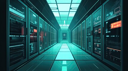 Poster - Futuristic Server Room with Glass Floor and Glowing Screens