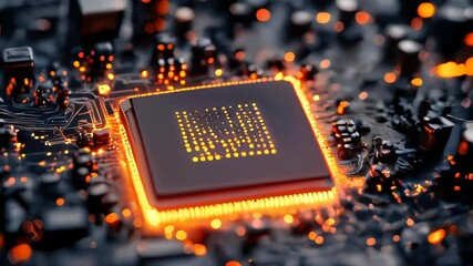 Poster - Close-up of a glowing microchip on a circuit board, representing technology and blockchain innovation
