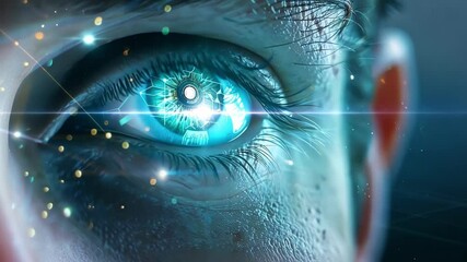 Poster - close up human eye enhanced with digital graphics, hinting at brain activity, evoking neurotech, ai,