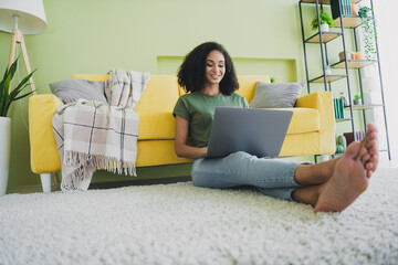 Wall Mural - Full size photo of pretty young woman sit carpet floor use laptop green interior living room apartment indoors