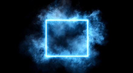 Poster - A glowing blue neon square is surrounded by light blue smoke against a black background