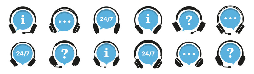 Poster - Support or hotline symbols collection with speech bubble and headphones