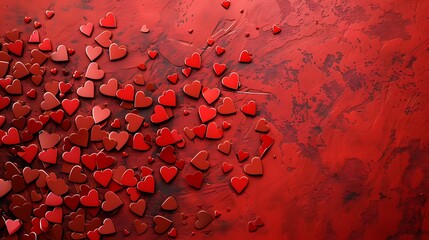 Wall Mural - A vibrant arrangement of red hearts on a textured red background, symbolizing love and affection.