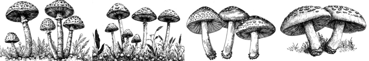 Poster - Group of fly agaric or amanita mushrooms growing in a grass engraving style. Modern illustration.