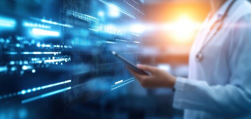 Fototapete - Blockchain Healthcare Trial concept. A healthcare professional uses a digital device, surrounded by data streams and glowing technology, representing the intersection of technology and medicine.