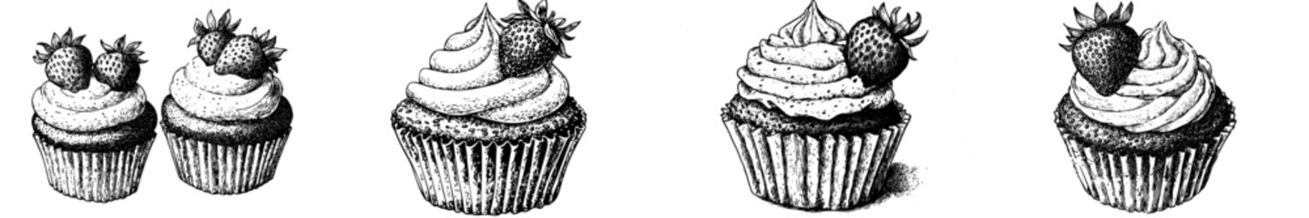 An engraving style cupcake with berries is hand drawn on a white background.