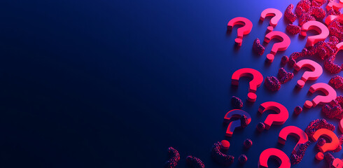 Poster - Red question marks are scattered on a blue background, creating a sense of mystery and uncertainty