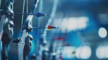 Poster - An archery competition in a modern indoor sports arena, Bows and arrows set for competitive action, Indoor archery competition style
