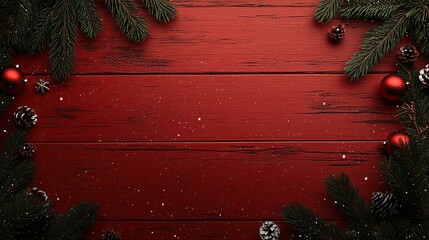 Poster - Christmas background with fir tree branches, red baubles and pine cones on red wooden planks
