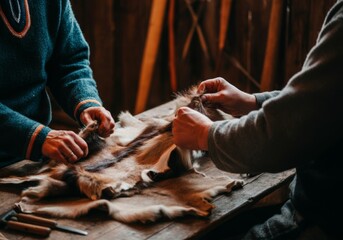 Two people preparing pelts for winter clothing by hand, surrounded by traditional tools. Indigenous peoples of the North, Siberia, and the Russian Far East lifestyle