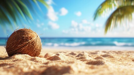 Wall Mural - coconut on sandy beach with palm trees and a blue ocean background.