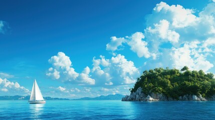 Wall Mural - sailboat navigating calm waters with lush island and vibrant clouds in the background