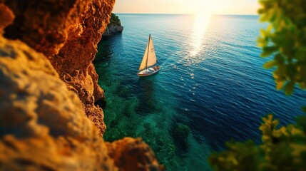 Wall Mural - sailing boat on tranquil blue water with sunset reflections and rocky cliffs.