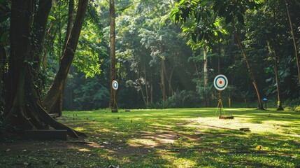 Poster - An archery range in a scenic forest clearing, Archery equipment set for precise shooting, Forest clearing archery style