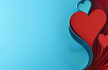 Leinwandbilder - 3D paper-cut red hearts on a blue background, flat lay. Love concept, Valentine's Day banner template design, with empty space for text.