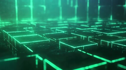 Poster - Virtual Nodes in a Wireframe Grid Connections with Vibrant Green Glow and Gigapixel Detail for High-Tech Backgrounds and Conceptual Designs