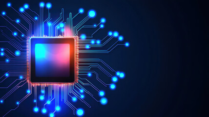 Poster - Abstract Digital Circuit Board with Holographic Light Effects, Innovative Technology Background Featuring Colorful Signals and Patterns