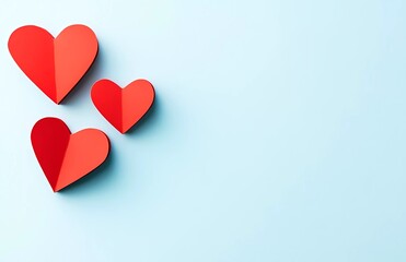 Leinwandbilder - Three paper-cut red hearts on a light blue background, flat lay, top view, space for text, minimalist style