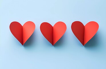 Leinwandbilder - Three paper-cut red hearts on a light blue background, flat lay, top view, space for text, minimalist style