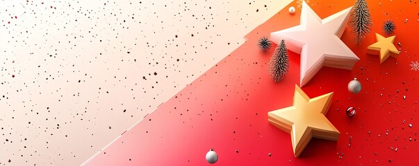 Aufkleber - Christmas stars and pine branches creating festive atmosphere on red and white background