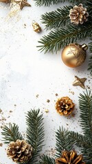 Aufkleber - Christmas background with golden decorations and fir branches framing a white surface