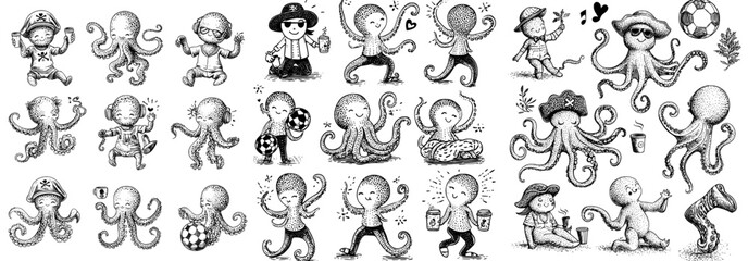 Sticker - Modern sea animal set with cute cartoon octopus painting, sleeping, listening to music. Cute cartoon squid, characters from underwater world.