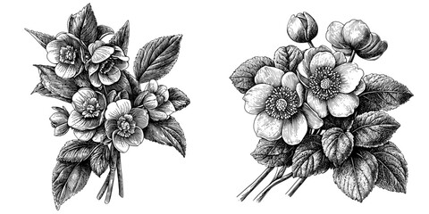 Wall Mural - A vintage detailed engraved illustration with Helleborus orientalis, a retro-styled floral plant. On a white background is an outline contoured outline of a blooming stem of a Lenten rose.