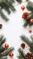 Poster - Christmas border composition made of fir tree branches, bronze baubles and pine cones on white background
