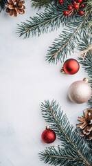 Poster - Christmas decoration with fir tree branches and ornaments creating a festive border