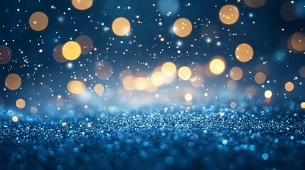 Poster - Glitter texture creates sparkling festive blue background with golden bokeh lights