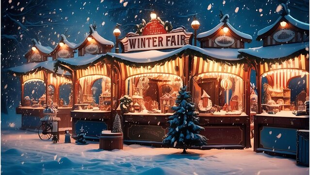 Vintage-style poster of a winter fair with snow, vintage stalls, and warm lights, vender, text,winter