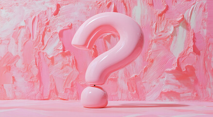 Poster - A pink question mark stands on a pink and white background, perhaps asking a question about the nature of reality or the meaning of life
