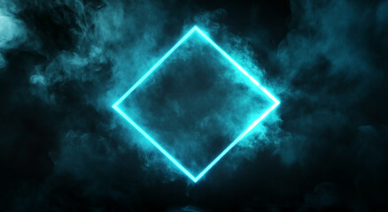 Poster - A glowing blue square sits in the center of a dark, foggy background. The square appears to be made of neon light, and it is reflected on the surface below