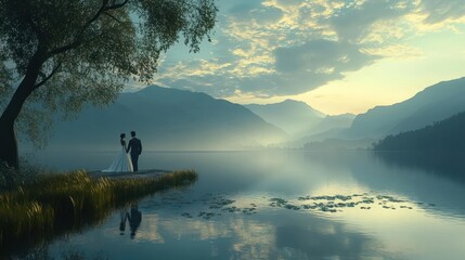  Bride and groom at lake, reflection on water, serene vibe, 3D illustration