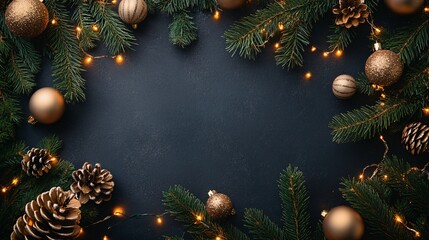 Aufkleber - Christmas background with golden ornaments, fir branches and string lights framing dark backdrop