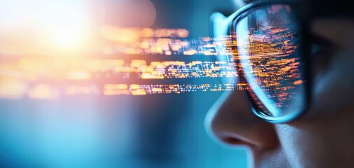 Poster - Supply chain security risks concept. A close-up of a person wearing glasses, with colorful digital data streams reflected on the lenses, symbolizing technology and information.