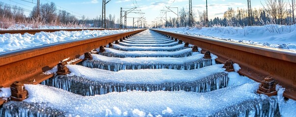 Sticker - Freezing rain ice roads, A tranquil winter scene depicting snow-covered railway tracks glistening under the sunlight, creating a serene and picturesque landscape.