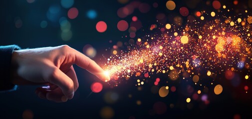 Poster - Supply chain security risks concept. A hand extends towards a burst of colorful sparkles, conveying a sense of magic, creativity, and wonder.