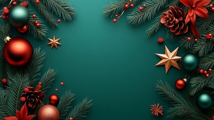Poster - Christmas ornaments framing green background creating festive holiday scene
