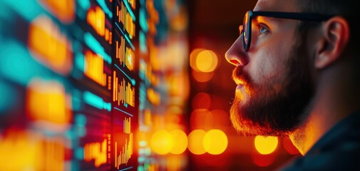 Poster - Supply chain security risks concept. A focused individual gazes at colorful data displays, embodying concentration and data analysis in a vibrant, illuminated environment.