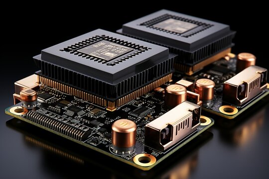 Stylized representation of computer chips and circuit boards in green, black, and gold on white
