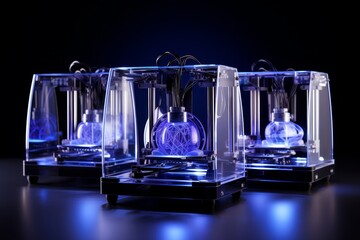 Poster - Minimalistic silhouette of a 3d printer in black, grey, and dark blue shades for clear visual focus