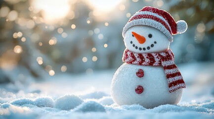 Wall Mural - A cute snowman with a red and white striped scarf, hat, and carrot nose is standing in the falling snow 